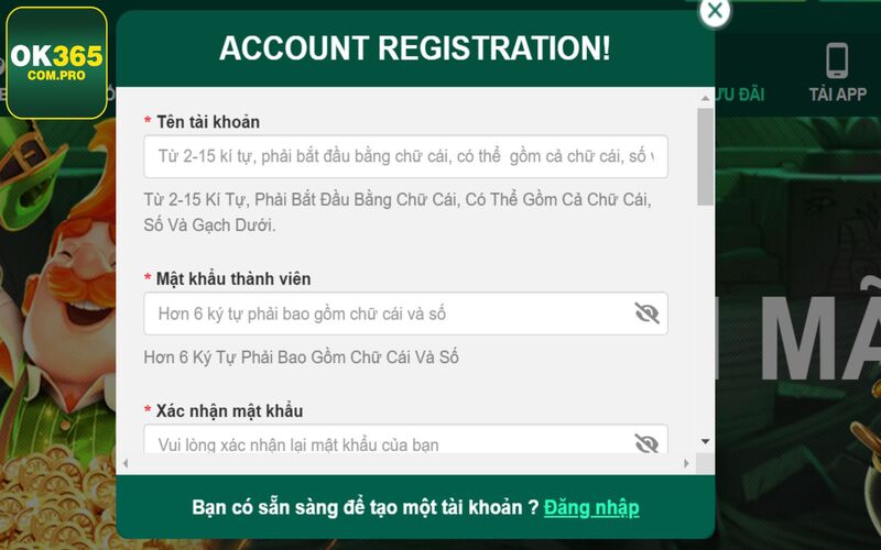 Cách thức đăng ký tài khoản tại nhà cái OK365